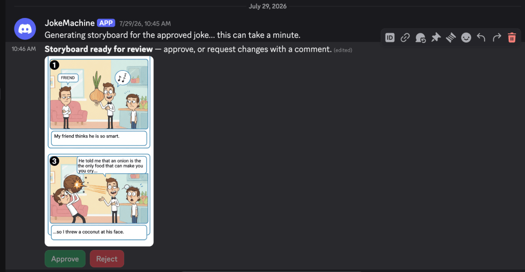 Discord approval message showing a Gemini-generated two-panel storyboard, with numbered panels labeled 1 and 3, out of sequence and missing panel 2